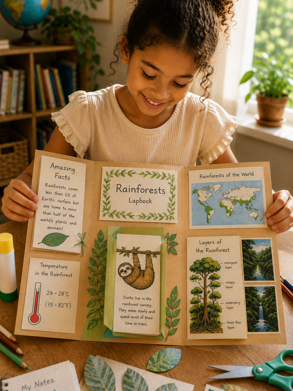 Child smiling while holding a colourful rainforest lapbook