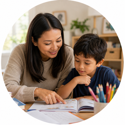 Parent reading with her child at home