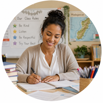 Teacher planning lessons at her classroom desk